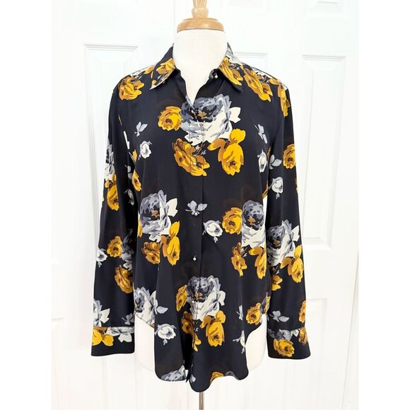 Theory Womens Navy Gold Sunaya Floral Silk Long Sleeve Button Up Blouse Medium - Picture 1 of 6